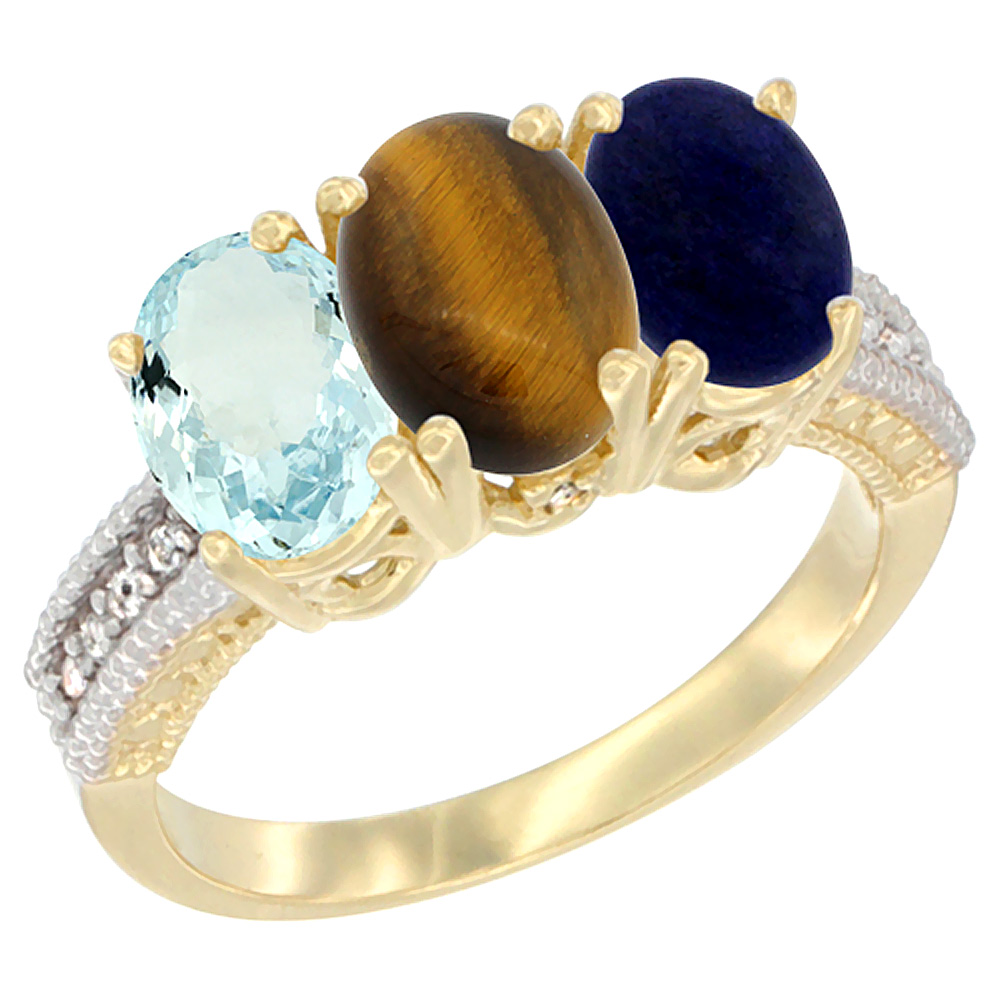 10K Yellow Gold Natural Aquamarine, Tiger Eye &amp; Lapis Ring 3-Stone Oval 7x5 mm, sizes 5 - 10