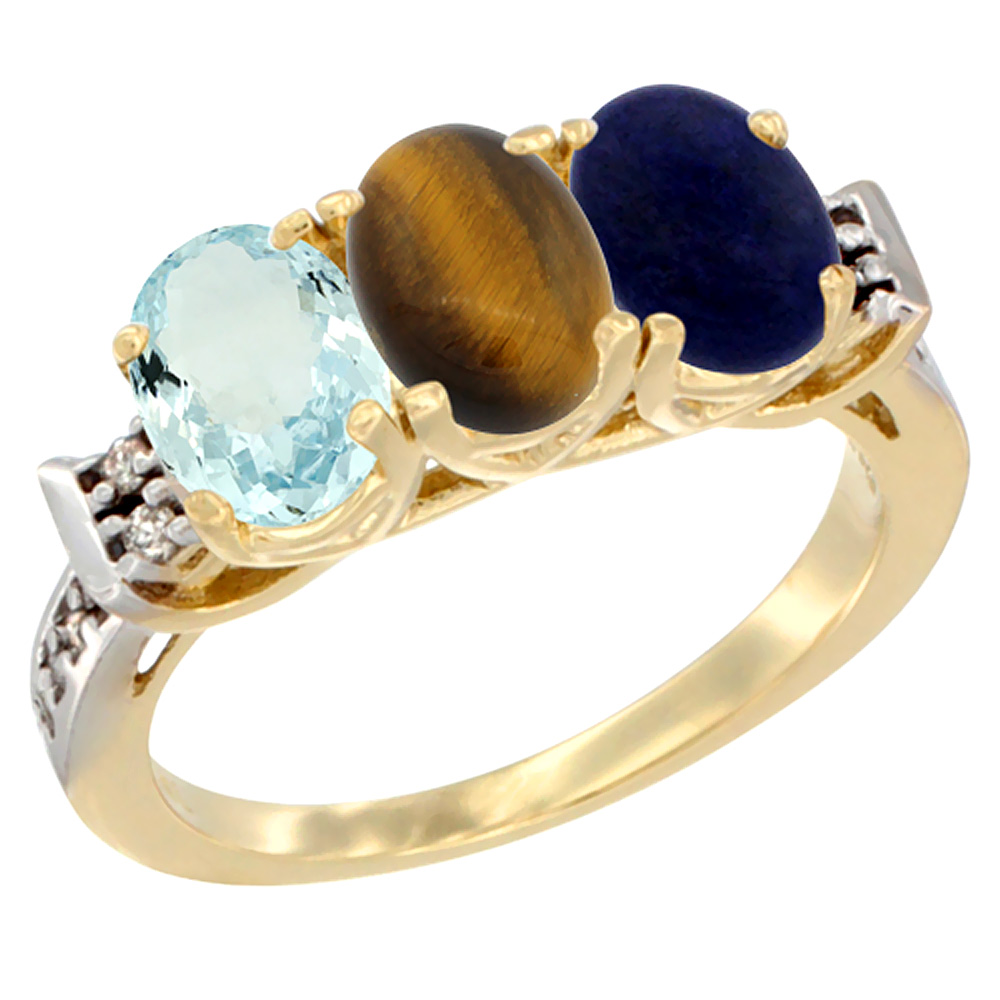 10K Yellow Gold Natural Aquamarine, Tiger Eye & Lapis Ring 3-Stone Oval 7x5 mm Diamond Accent, sizes 5 - 10