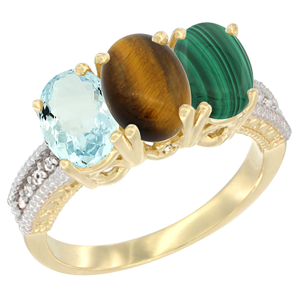 14K Yellow Gold Natural Aquamarine, Tiger Eye & Malachite Ring 3-Stone Oval 7x5 mm Diamond Accent, sizes 5 - 10