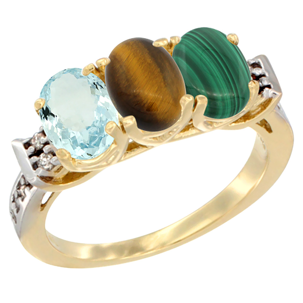 14K Yellow Gold Natural Aquamarine, Tiger Eye & Malachite Ring 3-Stone Oval 7x5 mm Diamond Accent, sizes 5 - 10