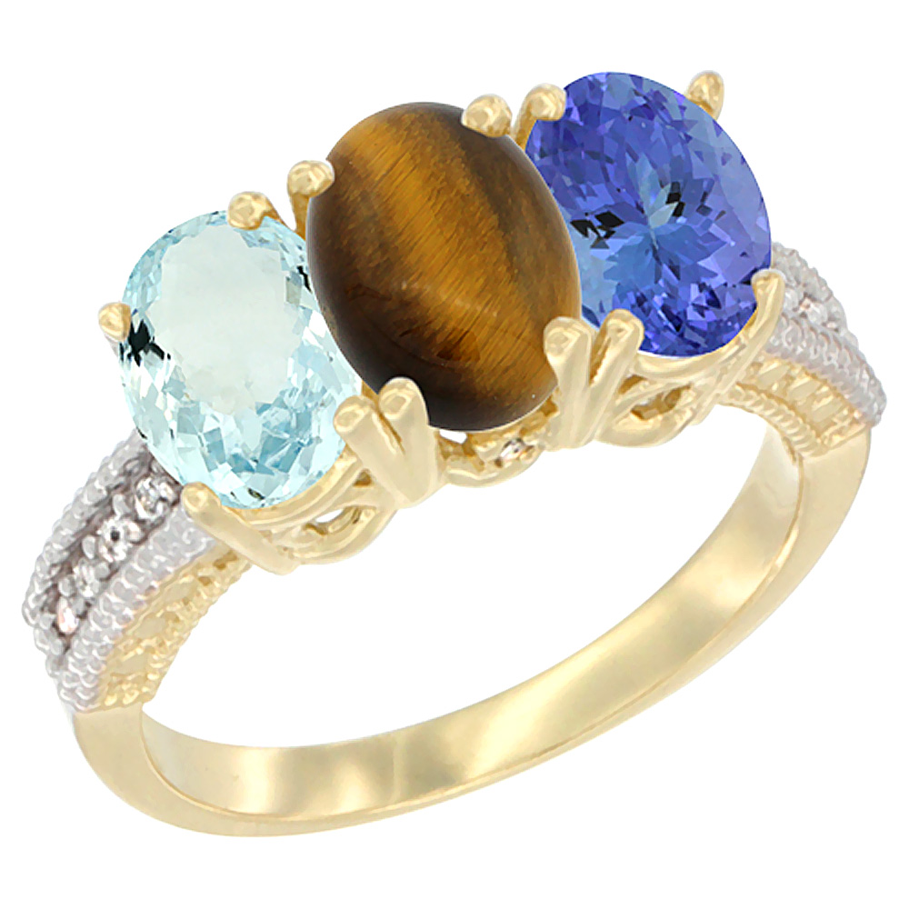 14K Yellow Gold Natural Aquamarine, Tiger Eye & Tanzanite Ring 3-Stone Oval 7x5 mm Diamond Accent, sizes 5 - 10