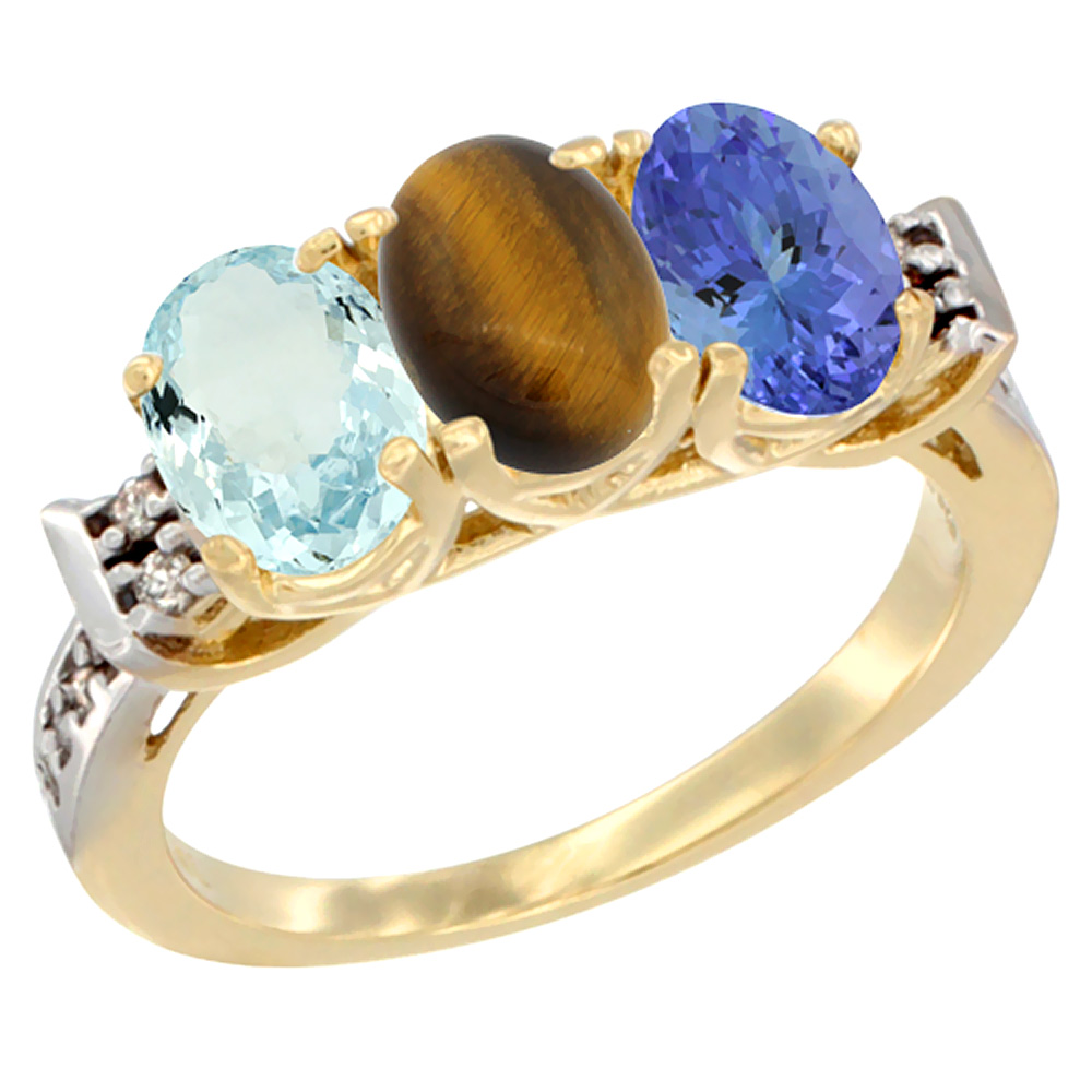 10K Yellow Gold Natural Aquamarine, Tiger Eye &amp; Tanzanite Ring 3-Stone Oval 7x5 mm Diamond Accent, sizes 5 - 10