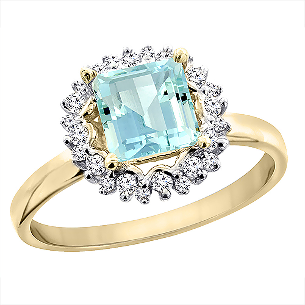 14K Yellow Gold Natural Aquamarine Ring Square 6x6 mm Diamond Accents, sizes 5 - 10