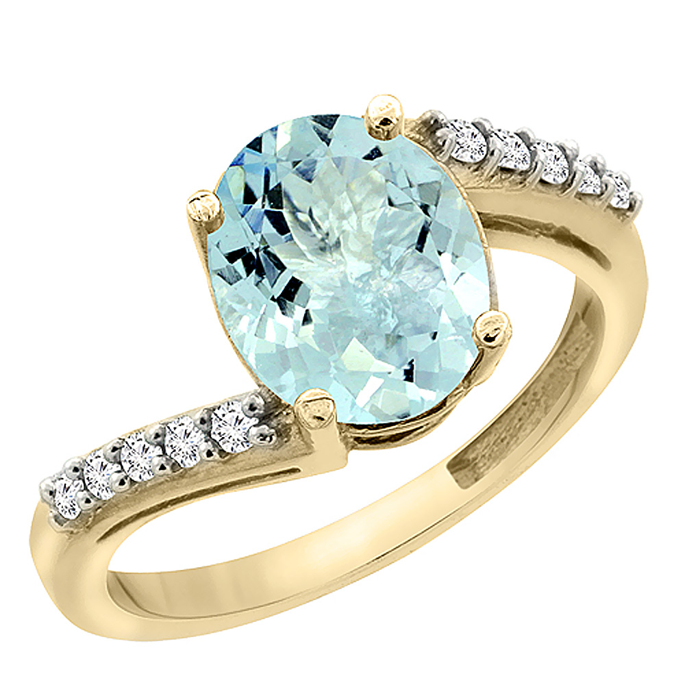 14K Yellow Gold Diamond Natural Aquamarine Engagement Ring Oval 10x8mm, sizes 5-10