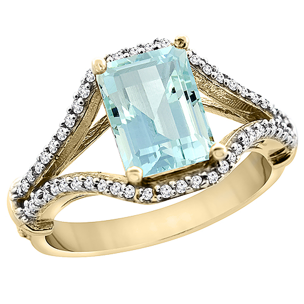 10K Yellow Gold Natural Aquamarine Ring Octagon 8x6 mm with Diamond Accents, sizes 5 - 10