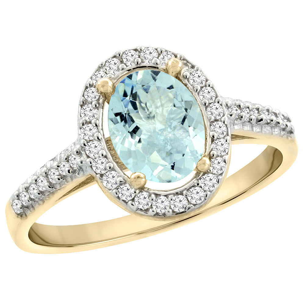 14K Yellow Gold Natural Aquamarine Engagement Ring Oval 7x5 mm Diamond Halo, sizes 5 - 10