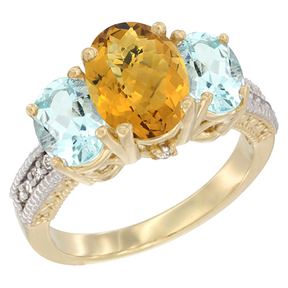 14K Yellow Gold Diamond Natural Whisky Quartz Ring 3-Stone Oval 8x6mm with Aquamarine, sizes5-10