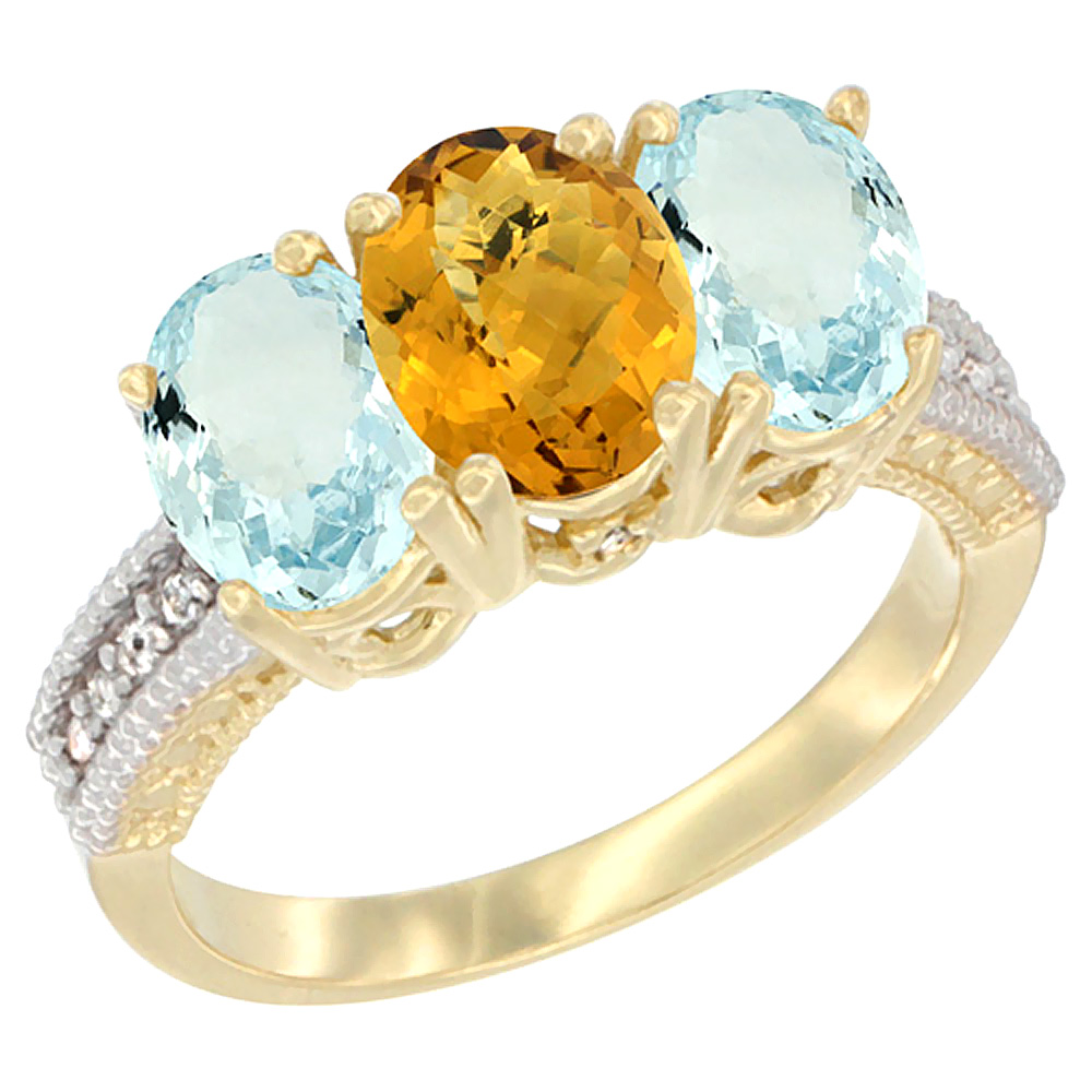 14K Yellow Gold Natural Whisky Quartz & Aquamarine Sides Ring 3-Stone Oval 7x5 mm Diamond Accent, sizes 5 - 10