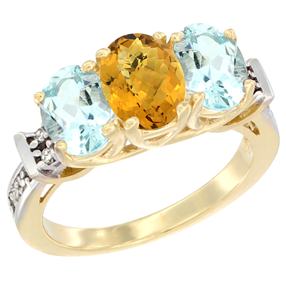 10K Yellow Gold Natural Whisky Quartz & Aquamarine Sides Ring 3-Stone Oval Diamond Accent, sizes 5 - 10