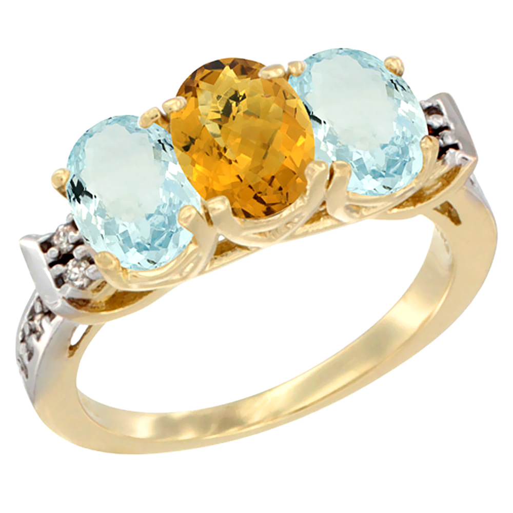 14K Yellow Gold Natural Whisky Quartz & Aquamarine Sides Ring 3-Stone Oval 7x5 mm Diamond Accent, sizes 5 - 10