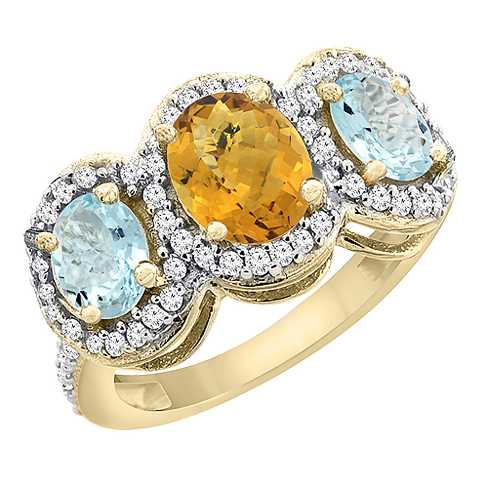 10K Yellow Gold Natural Whisky Quartz & Aquamarine 3-Stone Ring Oval Diamond Accent, sizes 5 - 10