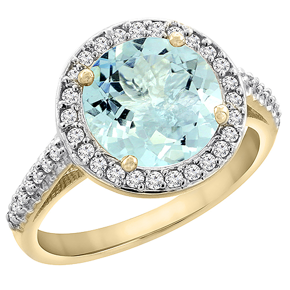 14K Yellow Gold Natural Aquamarine Ring Round 8mm Diamond Halo, sizes 5 to 10