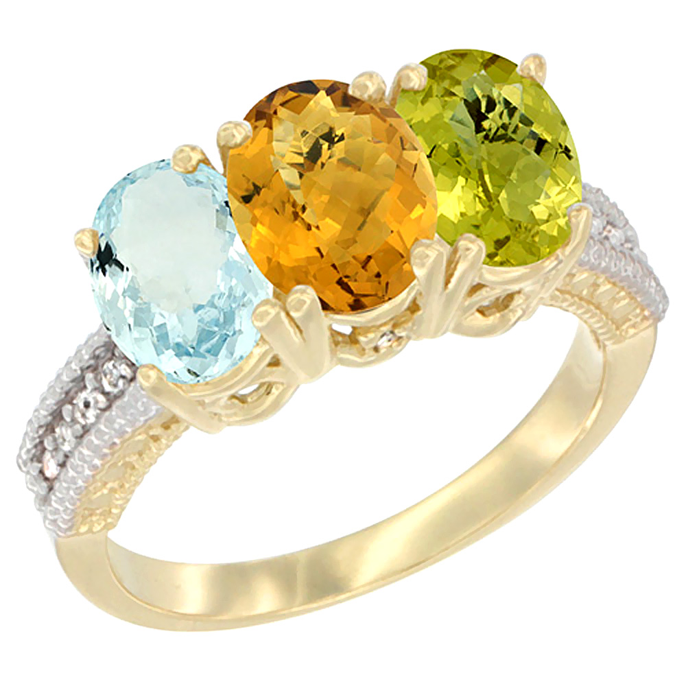 14K Yellow Gold Natural Aquamarine, Whisky Quartz &amp; Lemon Quartz Ring 3-Stone Oval 7x5 mm Diamond Accent, sizes 5 - 10