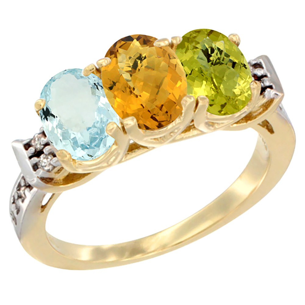 14K Yellow Gold Natural Aquamarine, Whisky Quartz & Lemon Quartz Ring 3-Stone Oval 7x5 mm Diamond Accent, sizes 5 - 10