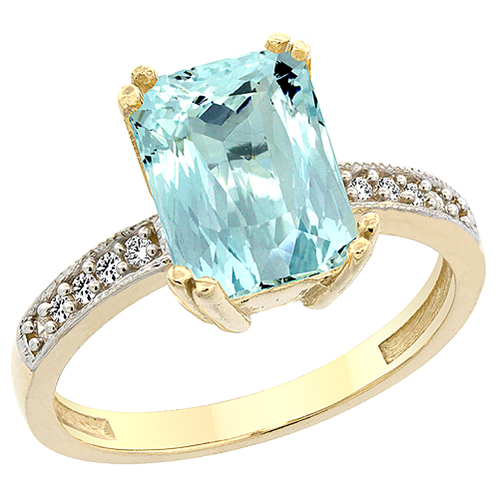 14K Yellow Gold Natural Aquamarine Ring Octagon 10x8mm Diamond Accent, sizes 5 to 10