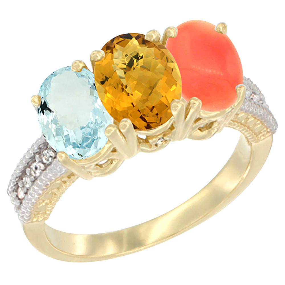 14K Yellow Gold Natural Aquamarine, Whisky Quartz &amp; Coral Ring 3-Stone Oval 7x5 mm Diamond Accent, sizes 5 - 10