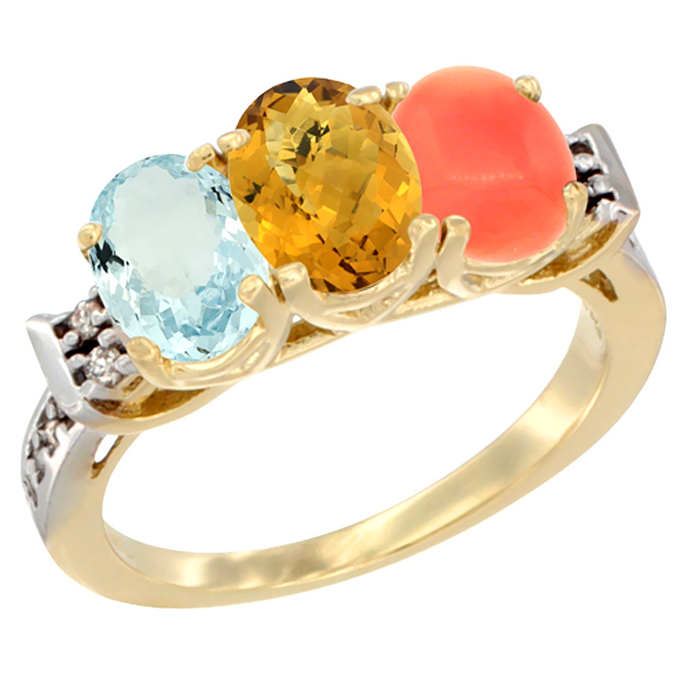 10K Yellow Gold Natural Aquamarine, Whisky Quartz & Coral Ring 3-Stone Oval 7x5 mm Diamond Accent, sizes 5 - 10