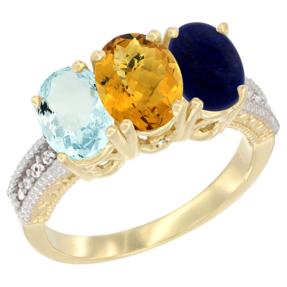 14K Yellow Gold Natural Aquamarine, Whisky Quartz &amp; Lapis Ring 3-Stone Oval 7x5 mm Diamond Accent, sizes 5 - 10