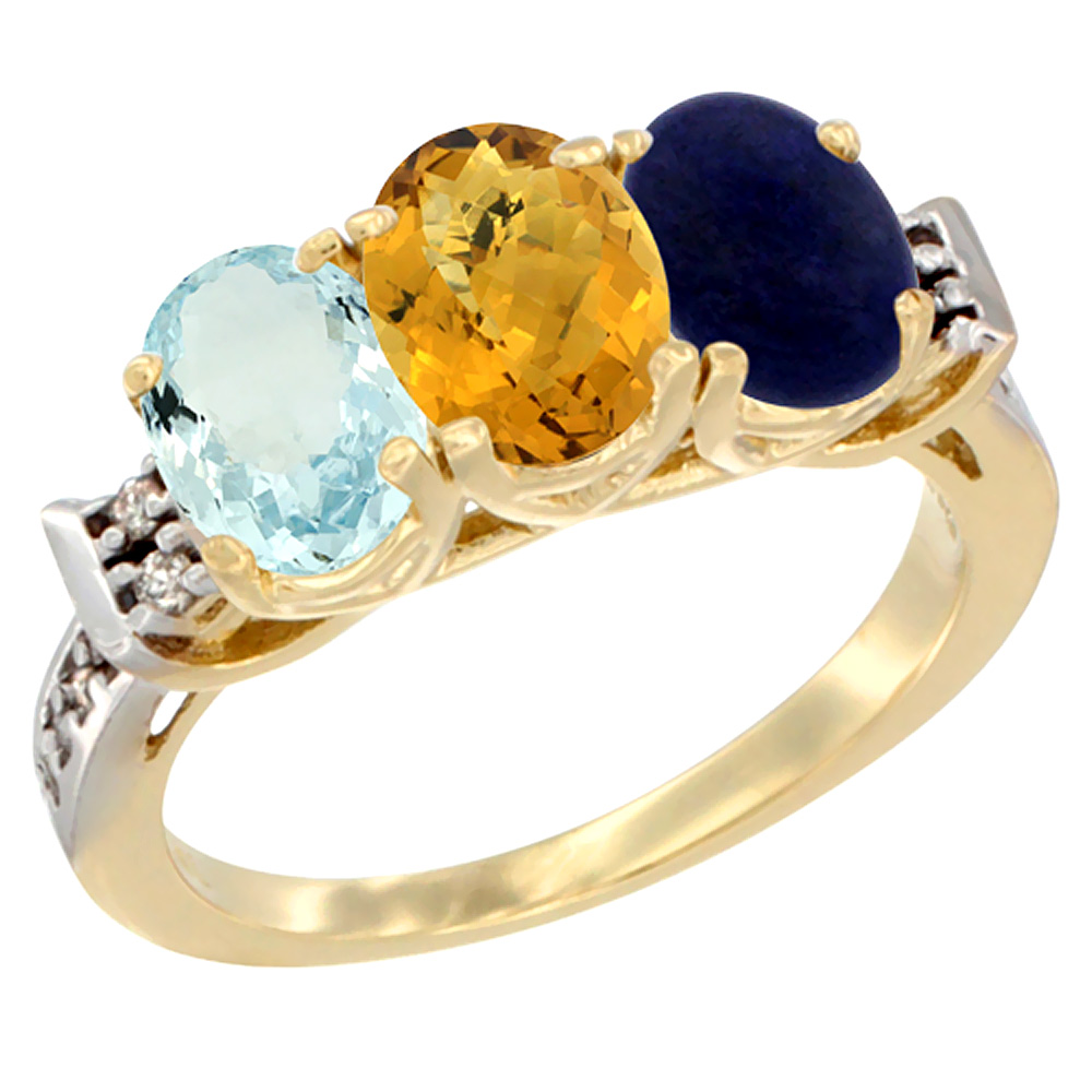 14K Yellow Gold Natural Aquamarine, Whisky Quartz &amp; Lapis Ring 3-Stone Oval 7x5 mm Diamond Accent, sizes 5 - 10