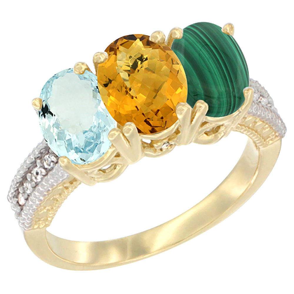 10K Yellow Gold Natural Aquamarine, Whisky Quartz & Malachite Ring 3-Stone Oval 7x5 mm, sizes 5 - 10