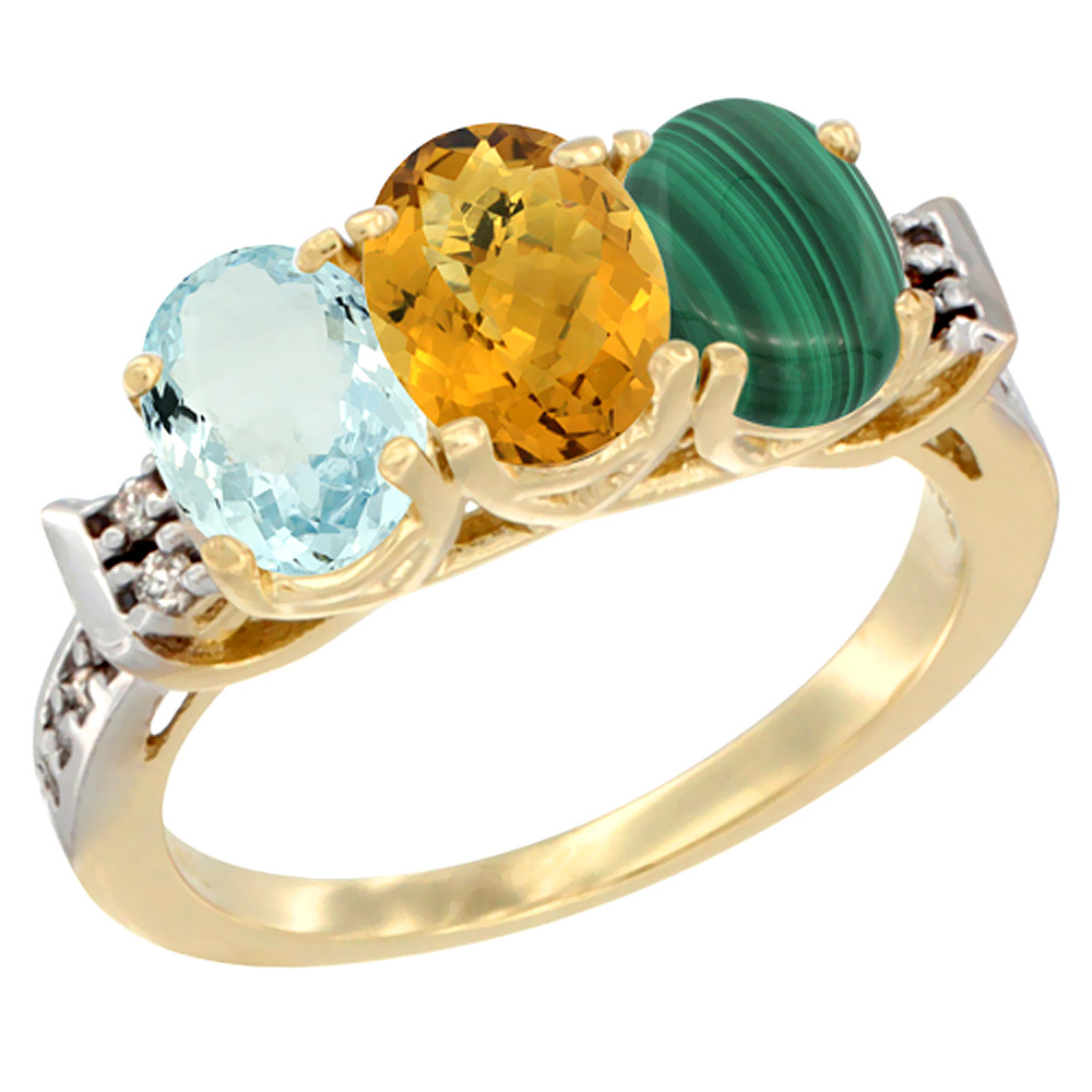 14K Yellow Gold Natural Aquamarine, Whisky Quartz & Malachite Ring 3-Stone Oval 7x5 mm Diamond Accent, sizes 5 - 10