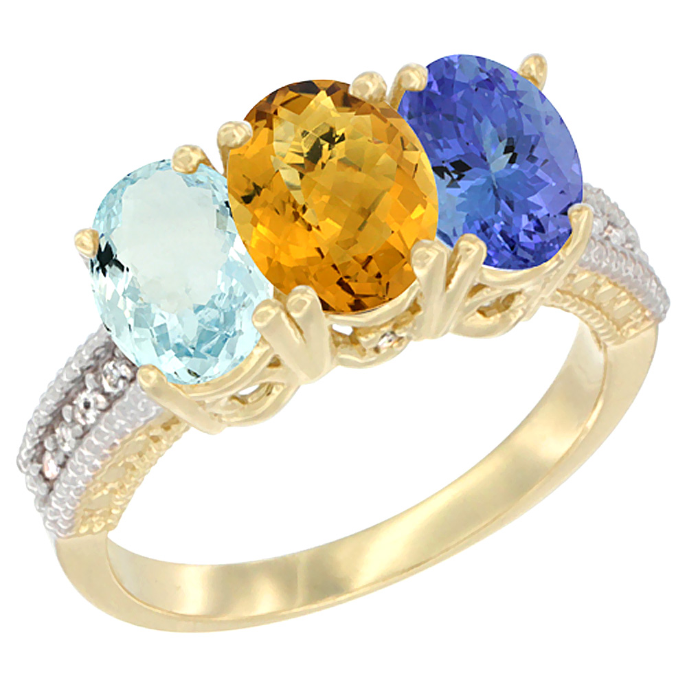 14K Yellow Gold Natural Aquamarine, Whisky Quartz &amp; Tanzanite Ring 3-Stone Oval 7x5 mm Diamond Accent, sizes 5 - 10