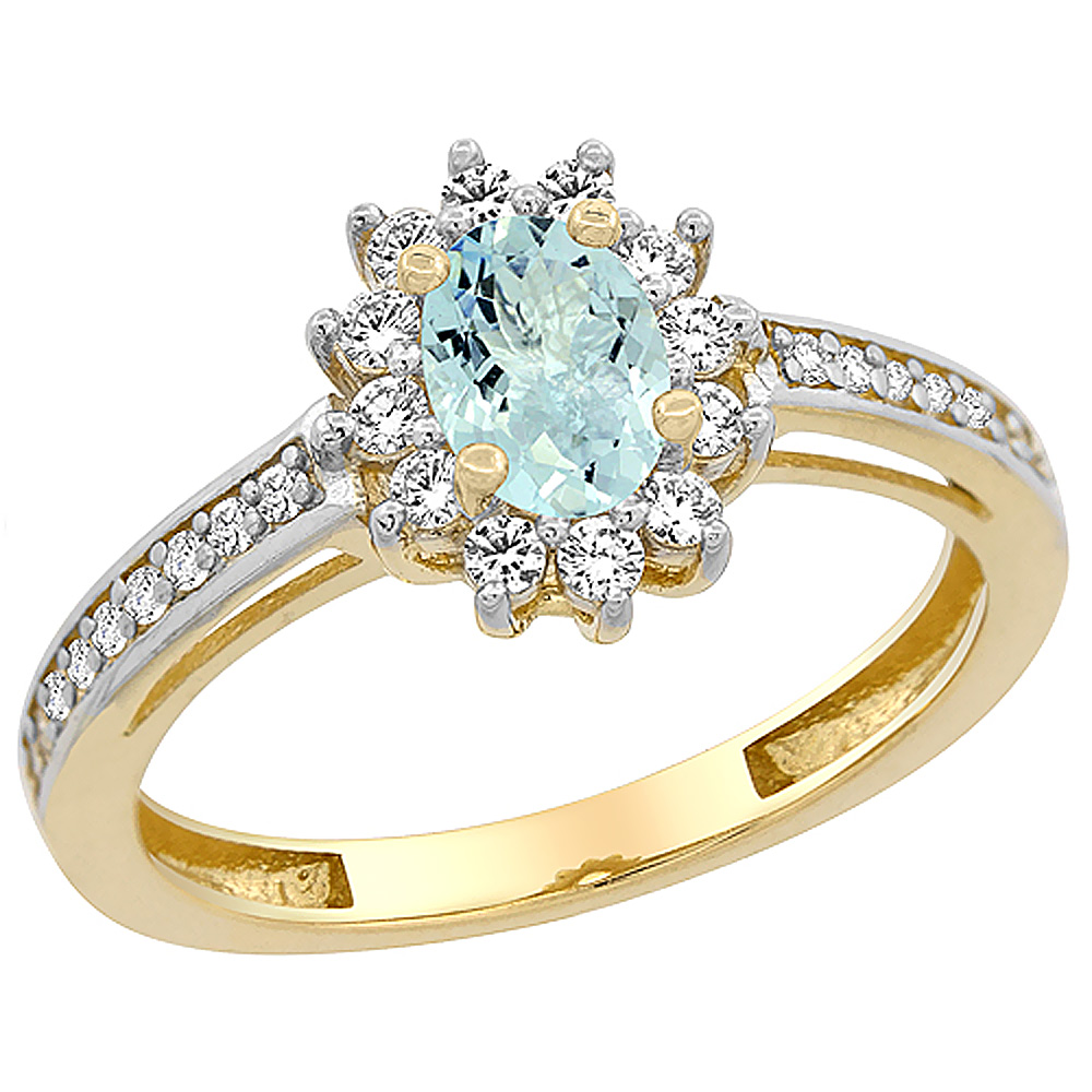 14K Yellow Gold Natural Aquamarine Flower Halo Ring Oval 6x4mm Diamond Accents, sizes 5 - 10