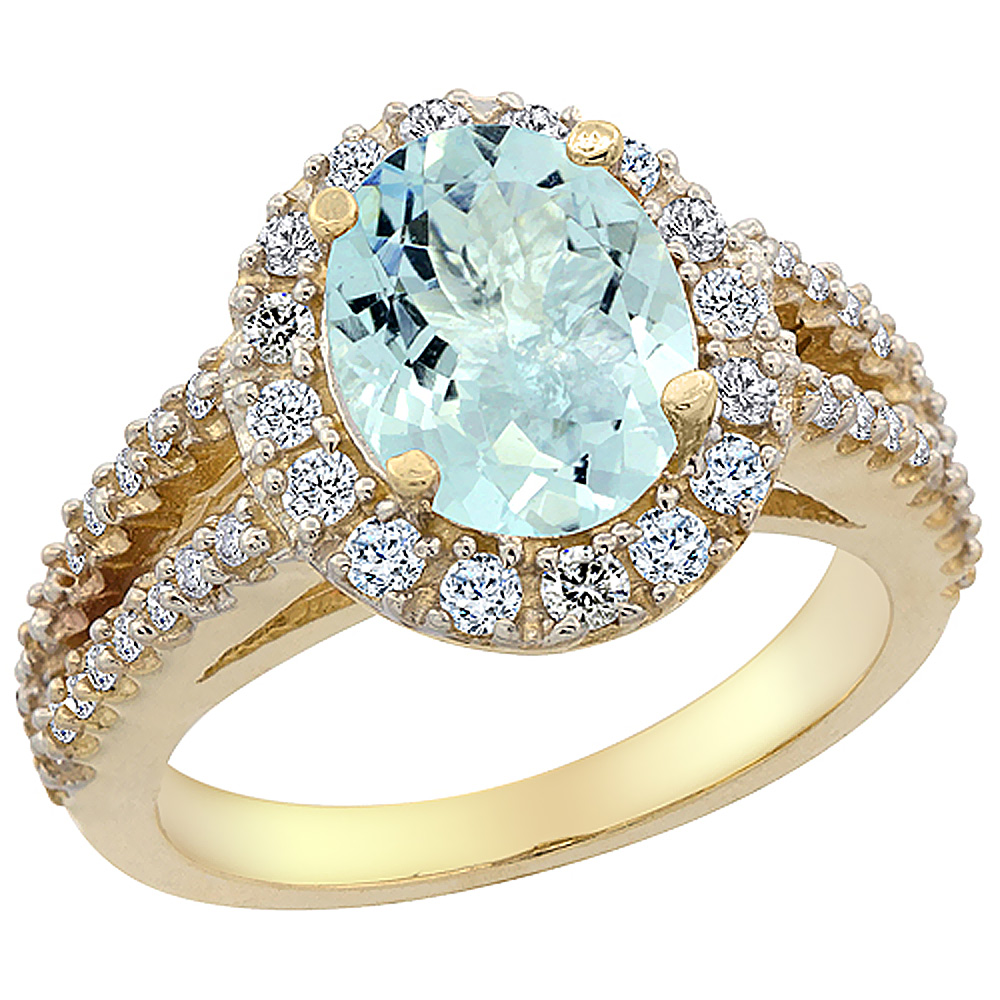 10K Yellow Gold Diamond Natural Aquamarine Engagement Ring Oval 10x8mm, sizes 5-10