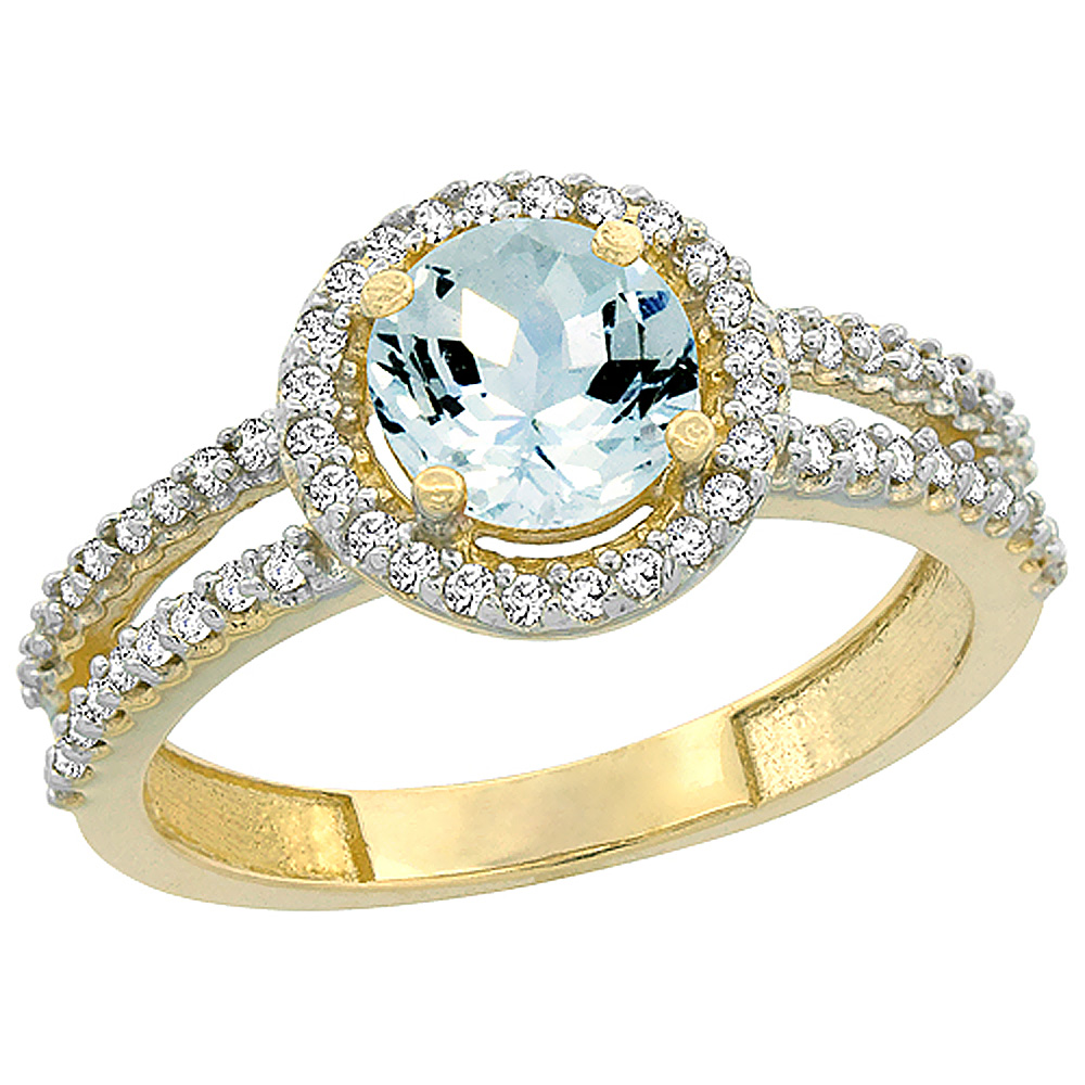 10K Yellow Gold Natural Aquamarine Diamond Halo Ring Round 6mm, sizes 5 - 10