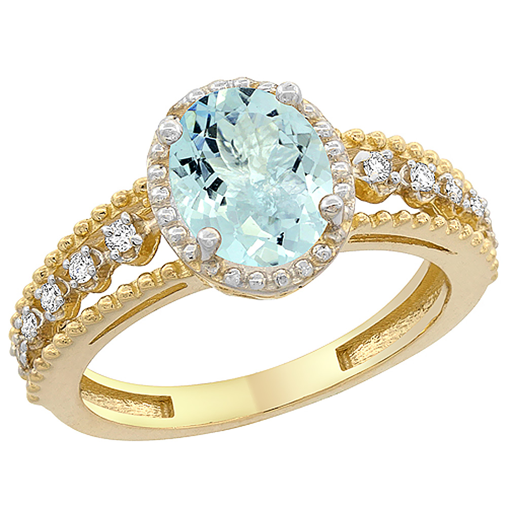 10K Yellow Gold Natural Aquamarine Ring Oval 9x7 mm Floating Diamond Accents, sizes 5 - 10