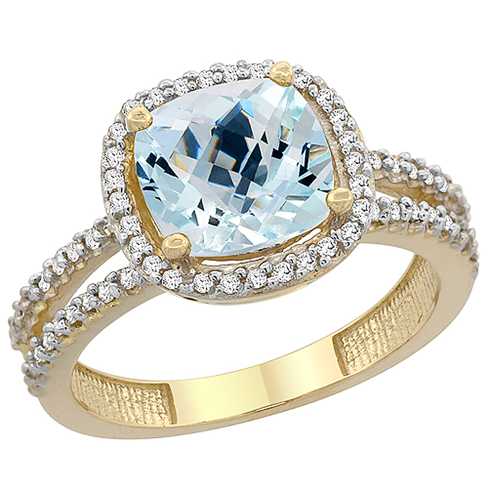 14K Yellow Gold Natural Aquamarine Ring Cushion-cut 8x8 mm 2-row Diamond Accents, sizes 5 - 10