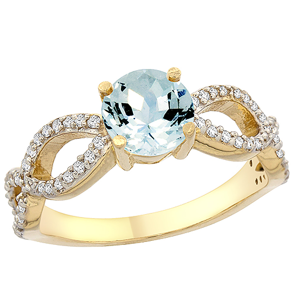 14K Yellow Gold Natural Aquamarine Ring Round 6mm Infinity Diamond Accents, sizes 5 - 10