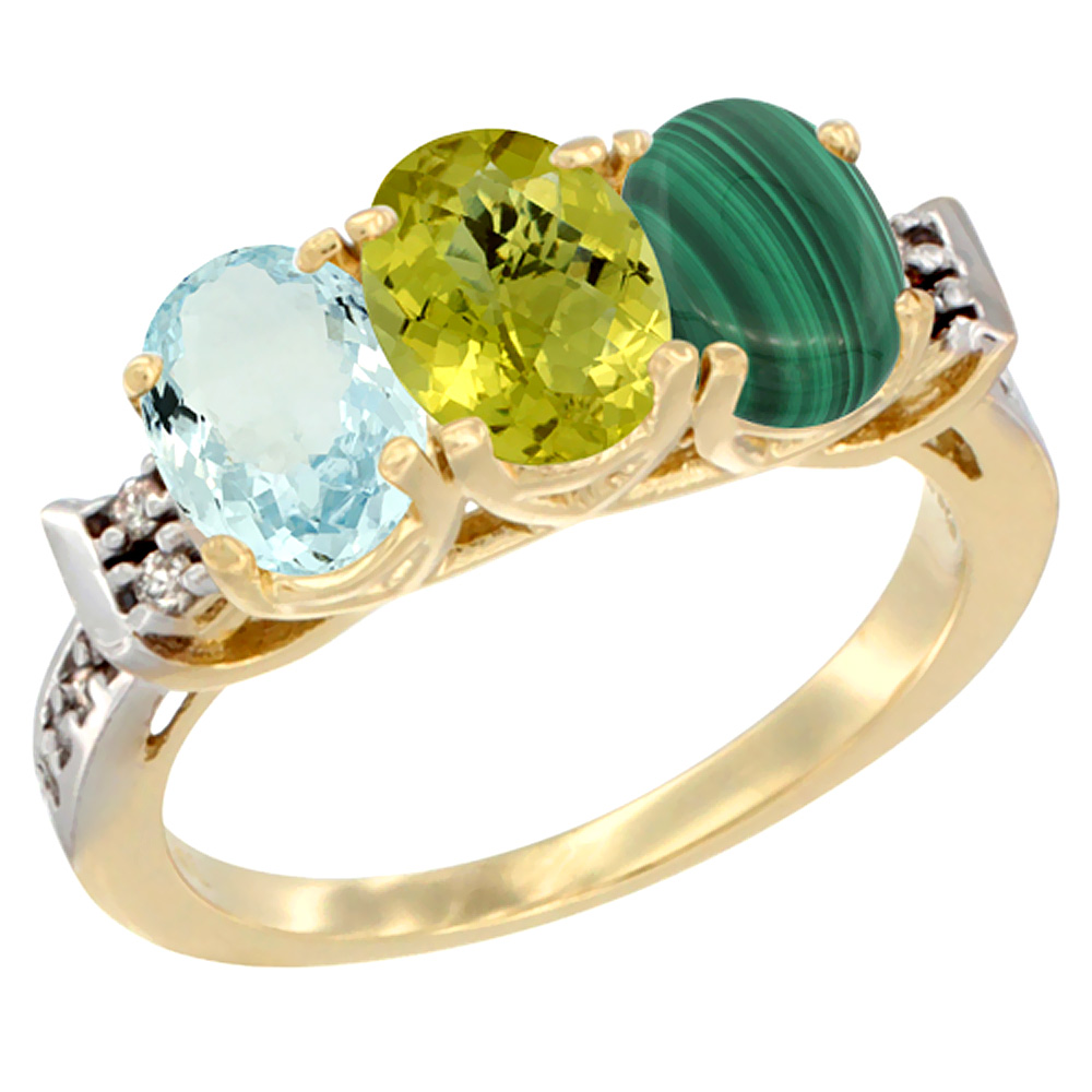 10K Yellow Gold Natural Aquamarine, Lemon Quartz & Malachite Ring 3-Stone Oval 7x5 mm Diamond Accent, sizes 5 - 10