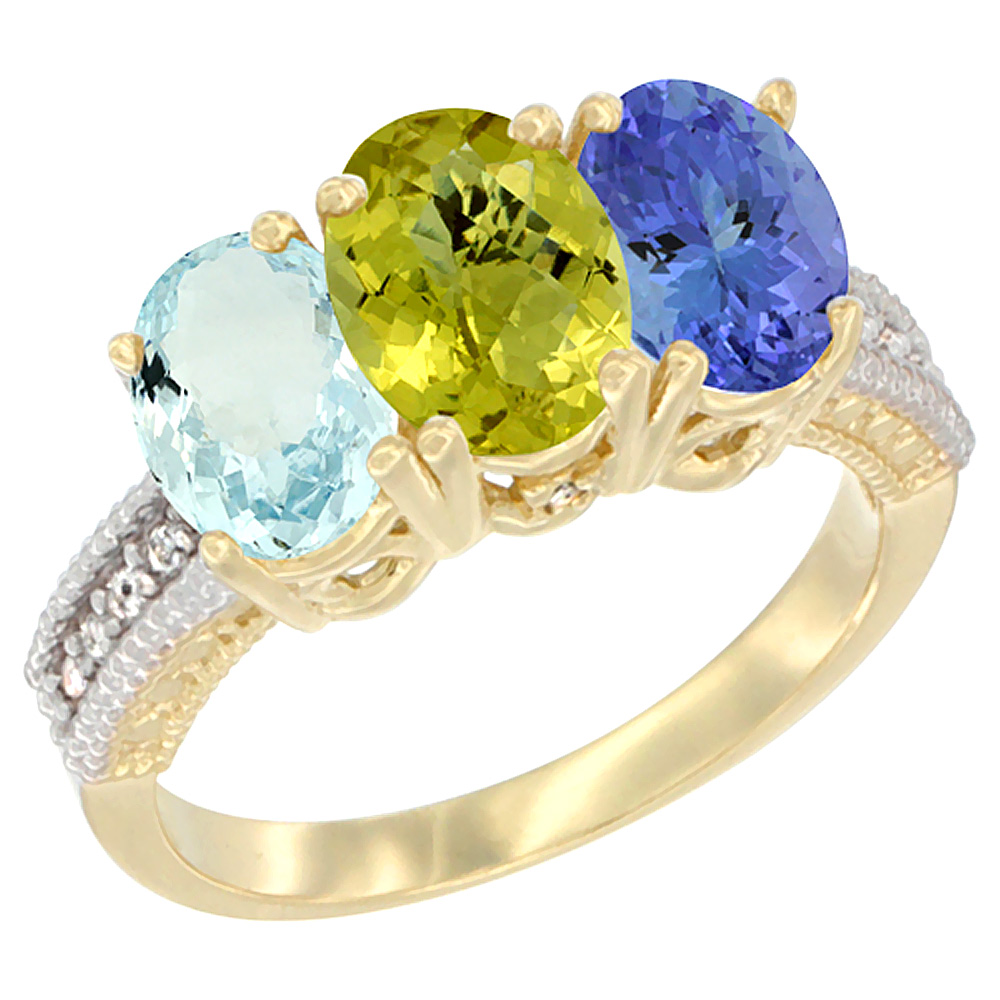 10K Yellow Gold Natural Aquamarine, Lemon Quartz & Tanzanite Ring 3-Stone Oval 7x5 mm, sizes 5 - 10