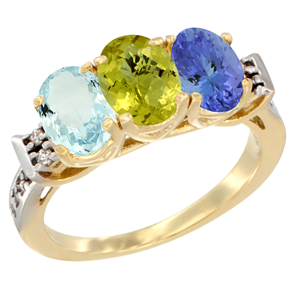 10K Yellow Gold Natural Aquamarine, Lemon Quartz & Tanzanite Ring 3-Stone Oval 7x5 mm Diamond Accent, sizes 5 - 10