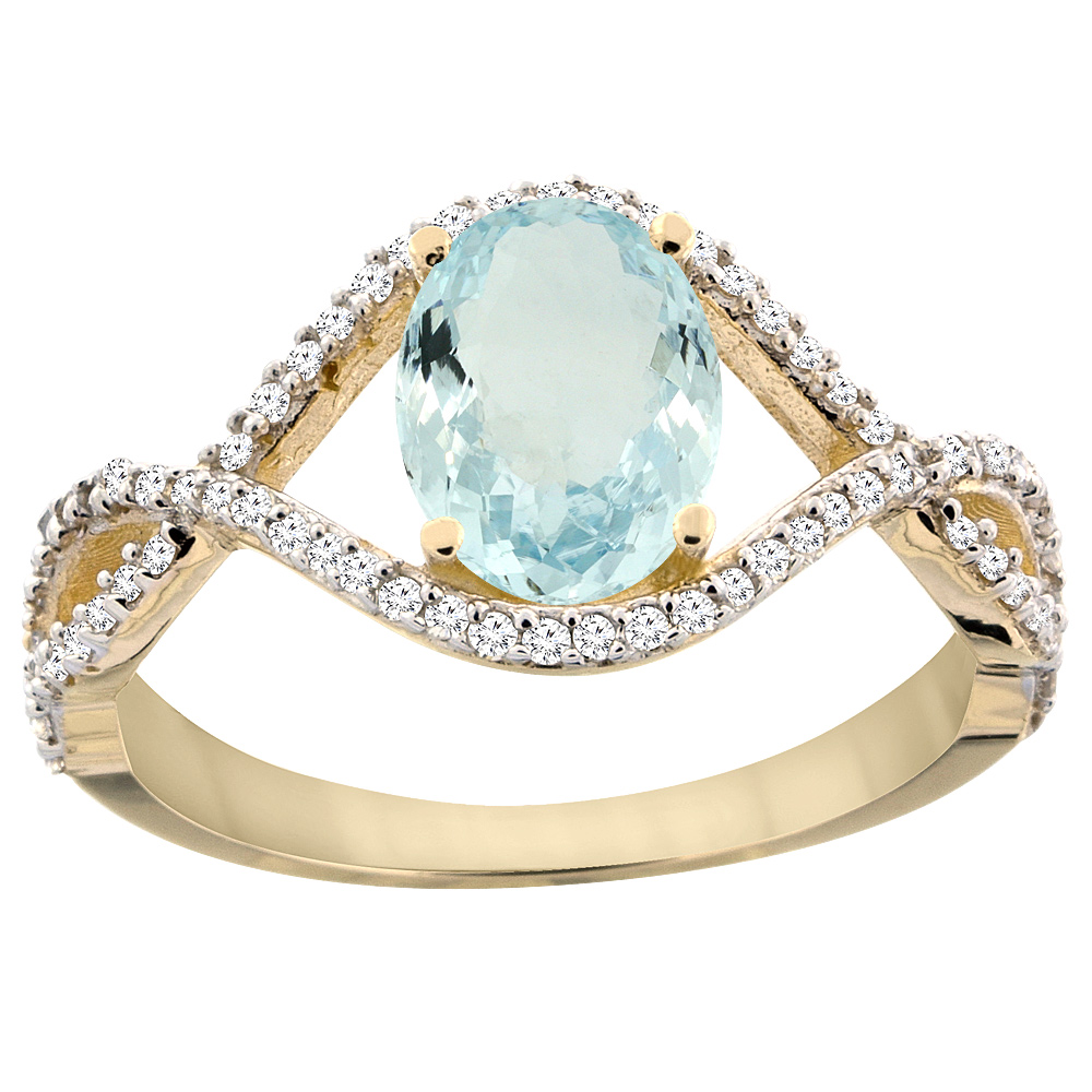 10K Yellow Gold Natural Aquamarine Ring Oval 8x6 mm Infinity Diamond Accents, sizes 5 - 10