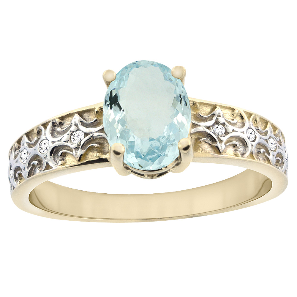 14K Yellow Gold Natural Aquamarine Ring Oval 8x6 mm Diamond Accents, sizes 5 - 10