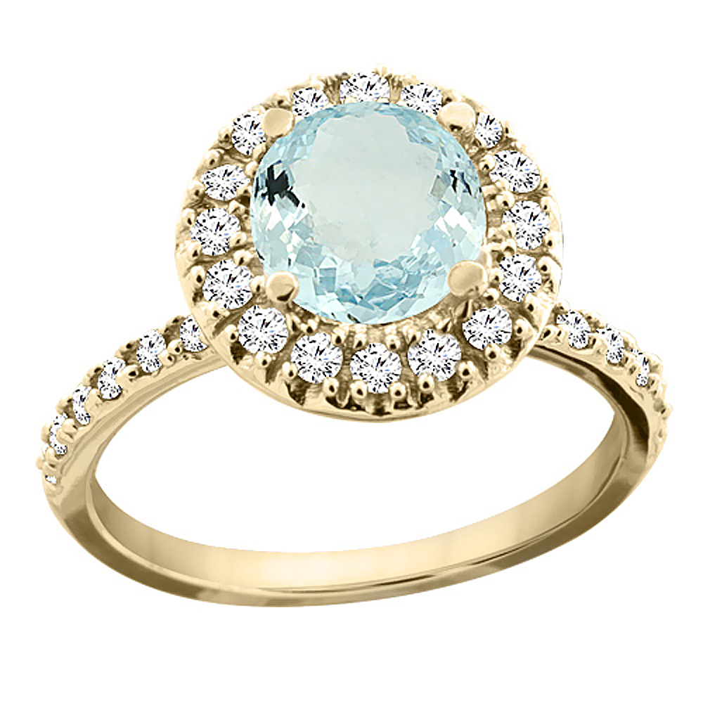 10K Yellow Gold Natural Aquamarine Ring Round 8mm Floating Halo Diamond, sizes 5 - 10