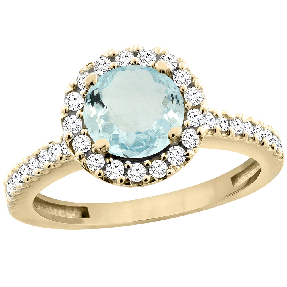 10K Yellow Gold Natural Aquamarine Ring Round 6mm Floating Halo Diamond, sizes 5 - 10