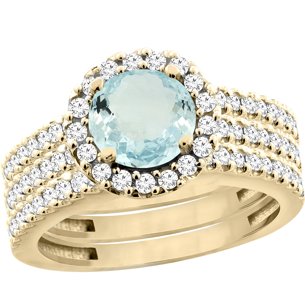 14K Yellow Gold Natural Aquamarine 3-Piece Bridal Ring Set Round 6mm Halo Diamond, sizes 5 - 10