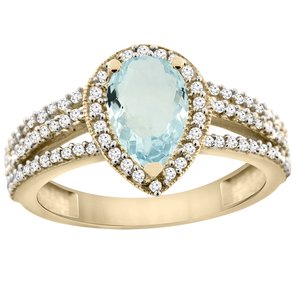 14K Yellow Gold Natural Aquamarine Ring 9x7 Pear Halo Diamond, sizes 5 - 10