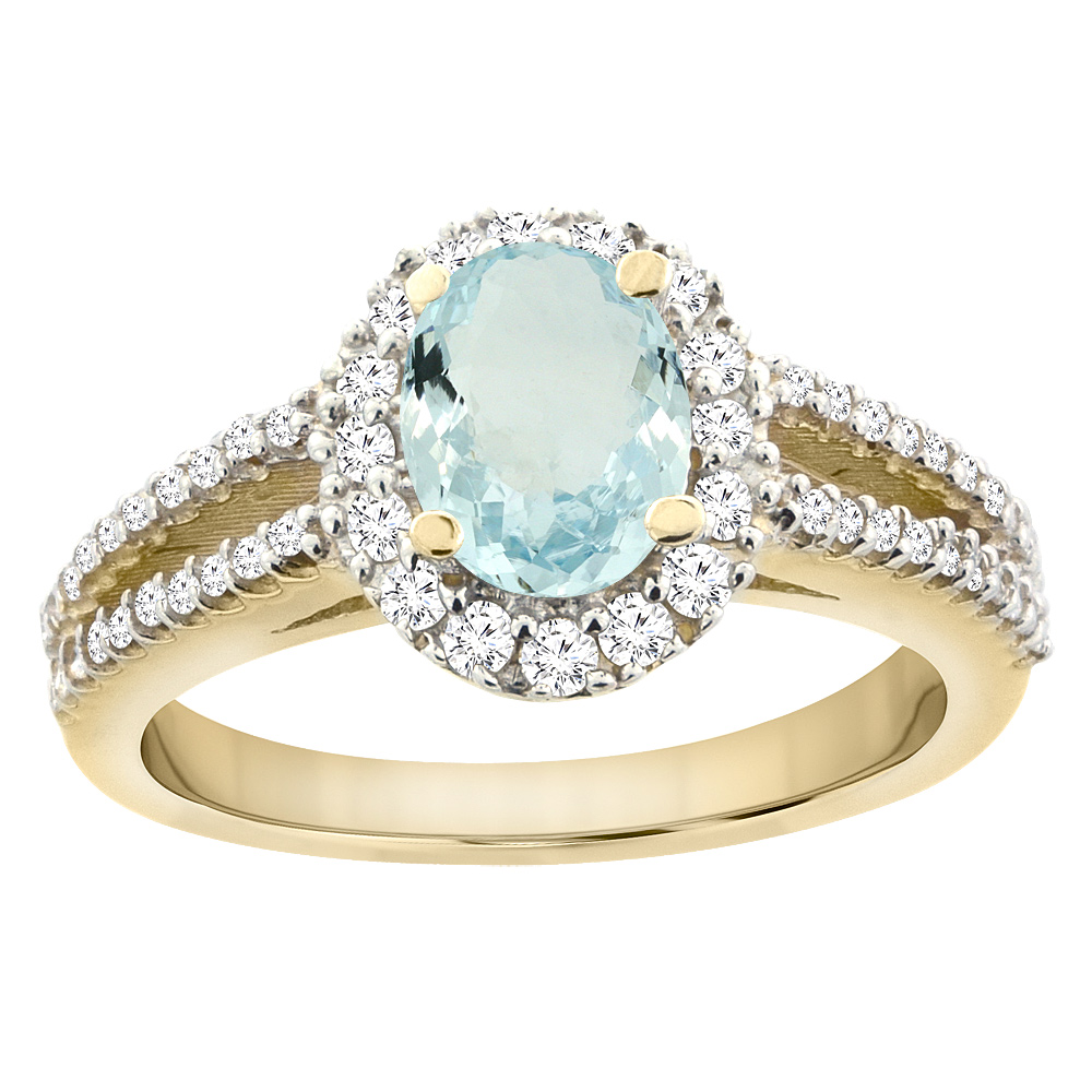 14K Yellow Gold Natural Aquamarine Split Shank Halo Engagement Ring Oval 7x5 mm, sizes 5 - 10