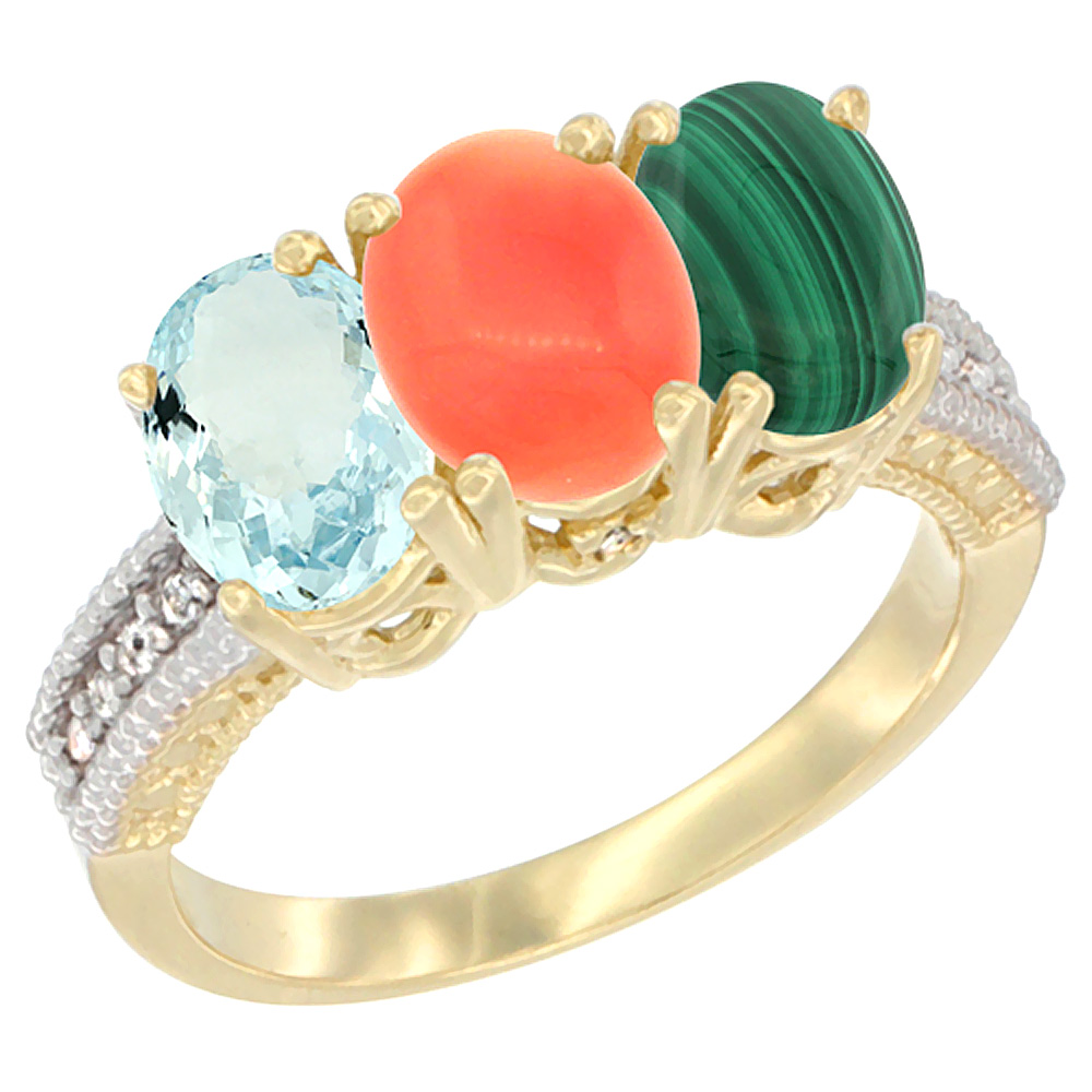 14K Yellow Gold Natural Aquamarine, Coral & Malachite Ring 3-Stone Oval 7x5 mm Diamond Accent, sizes 5 - 10