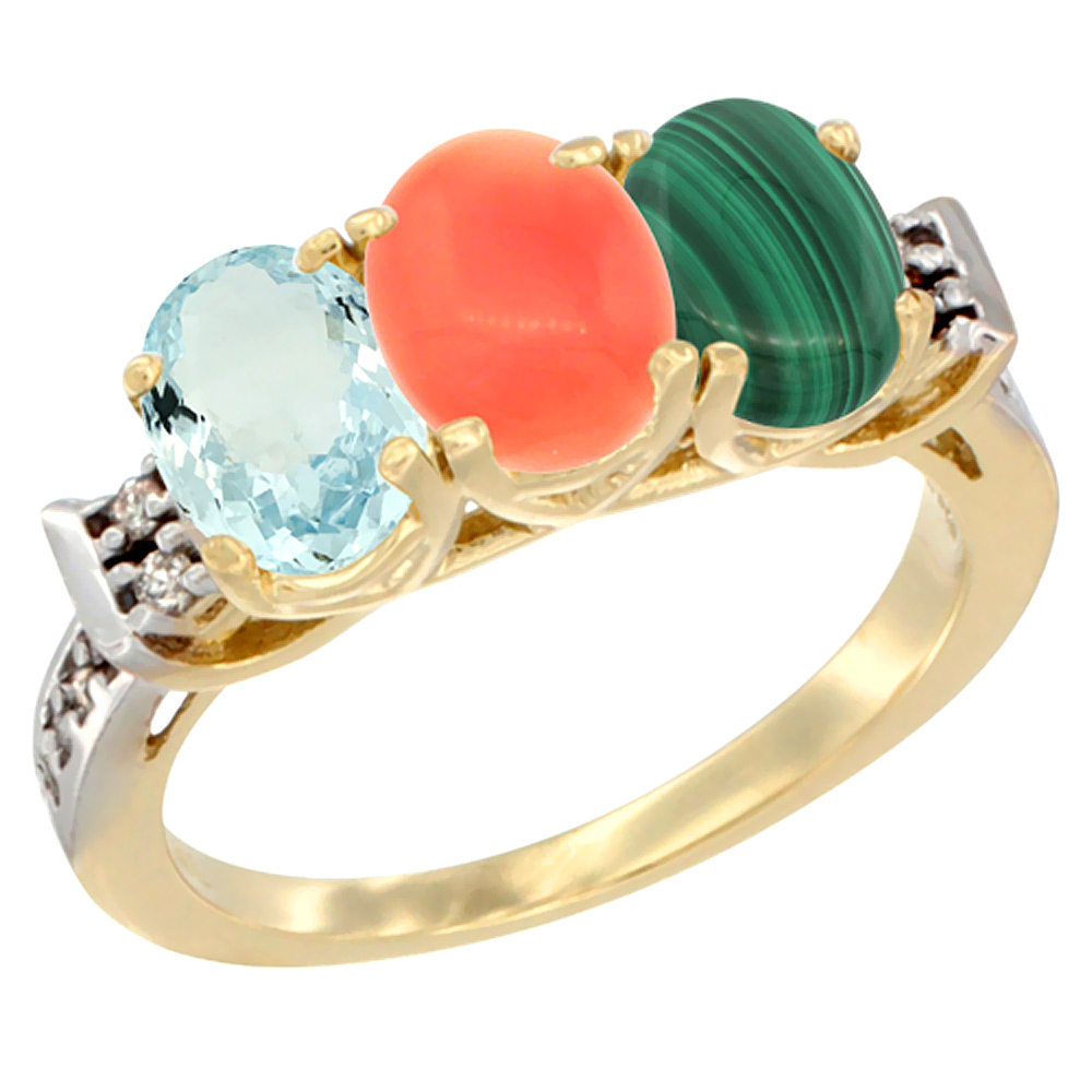 14K Yellow Gold Natural Aquamarine, Coral & Malachite Ring 3-Stone Oval 7x5 mm Diamond Accent, sizes 5 - 10