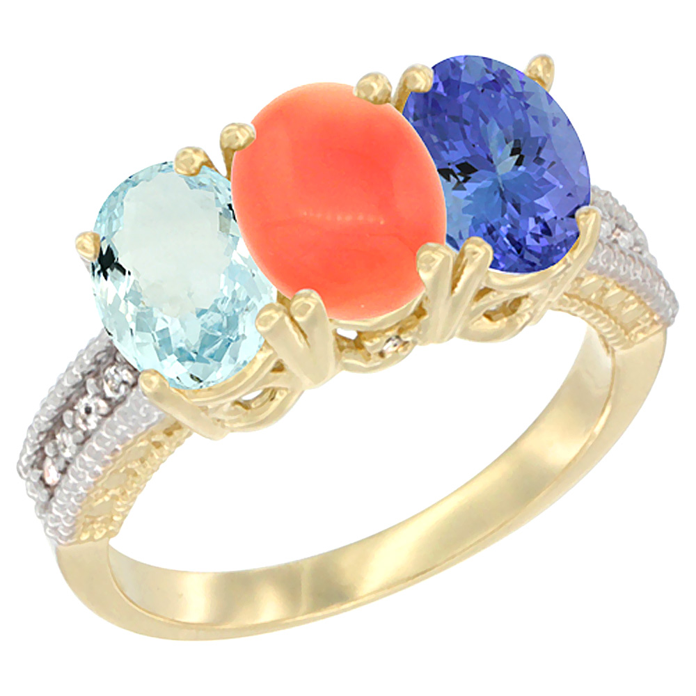 14K Yellow Gold Natural Aquamarine, Coral &amp; Tanzanite Ring 3-Stone Oval 7x5 mm Diamond Accent, sizes 5 - 10