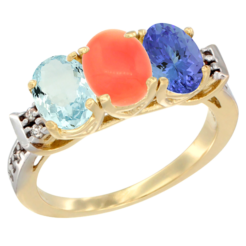 10K Yellow Gold Natural Aquamarine, Coral &amp; Tanzanite Ring 3-Stone Oval 7x5 mm Diamond Accent, sizes 5 - 10