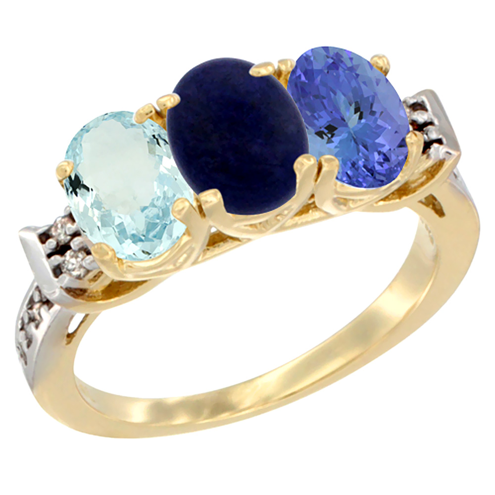 14K Yellow Gold Natural Aquamarine, Lapis & Tanzanite Ring 3-Stone Oval 7x5 mm Diamond Accent, sizes 5 - 10