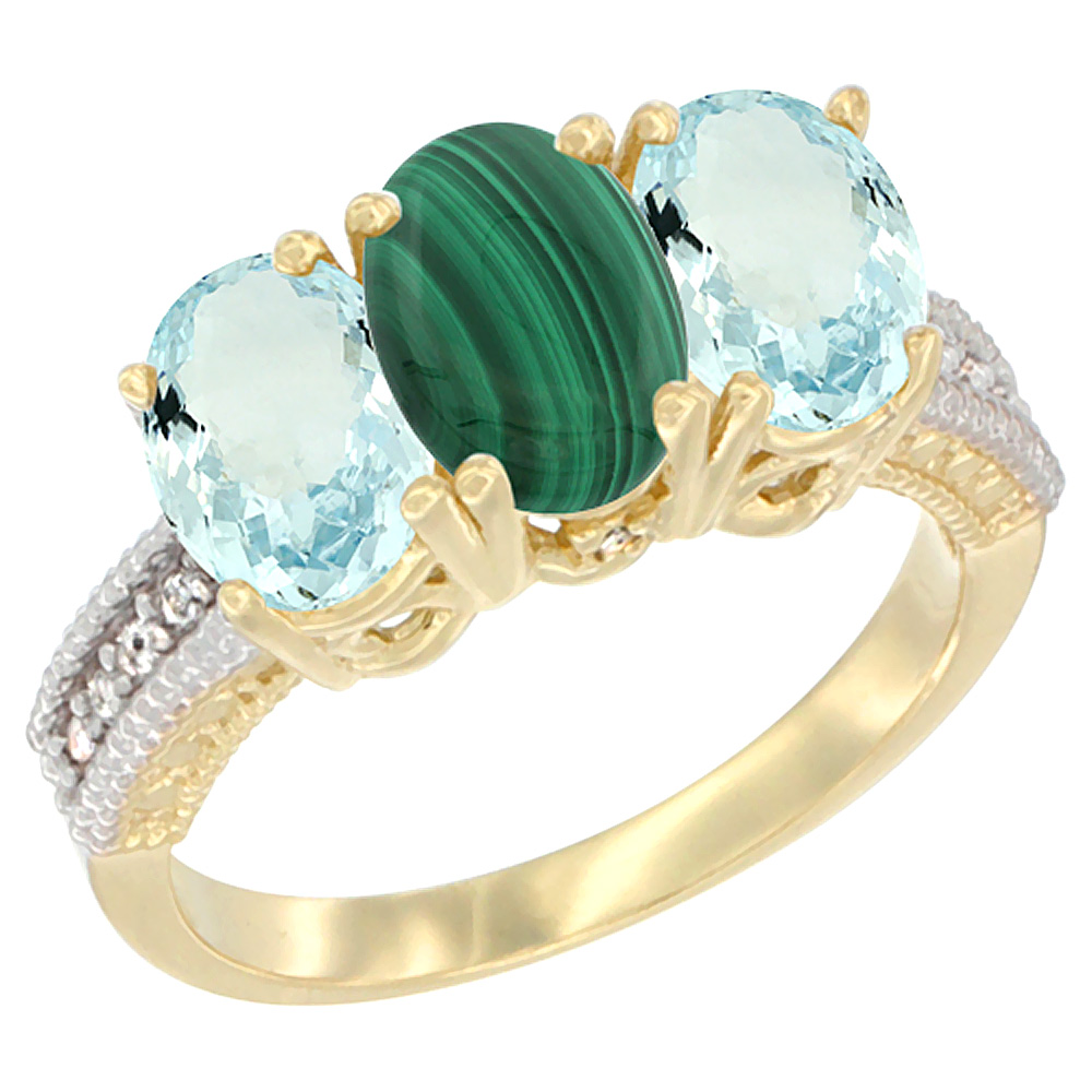 14K Yellow Gold Natural Malachite &amp; Aquamarine Sides Ring 3-Stone Oval 7x5 mm Diamond Accent, sizes 5 - 10