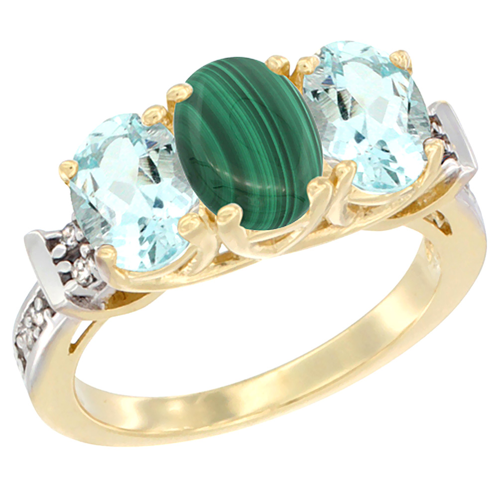 10K Yellow Gold Natural Malachite & Aquamarine Sides Ring 3-Stone Oval Diamond Accent, sizes 5 - 10