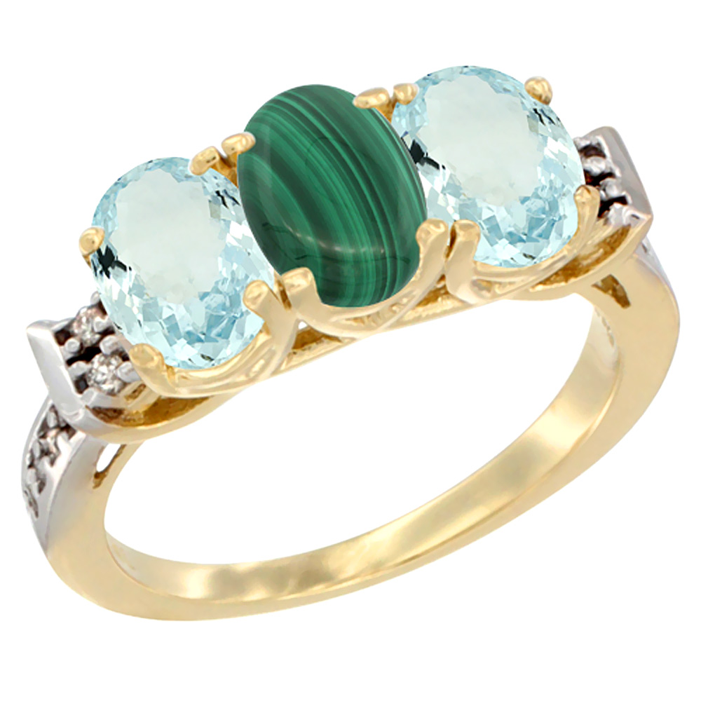 10K Yellow Gold Natural Malachite &amp; Aquamarine Sides Ring 3-Stone Oval 7x5 mm Diamond Accent, sizes 5 - 10